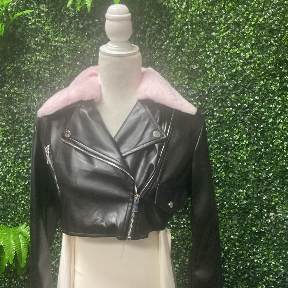 Forever 21 Black Leather Jacket with Pink Collar